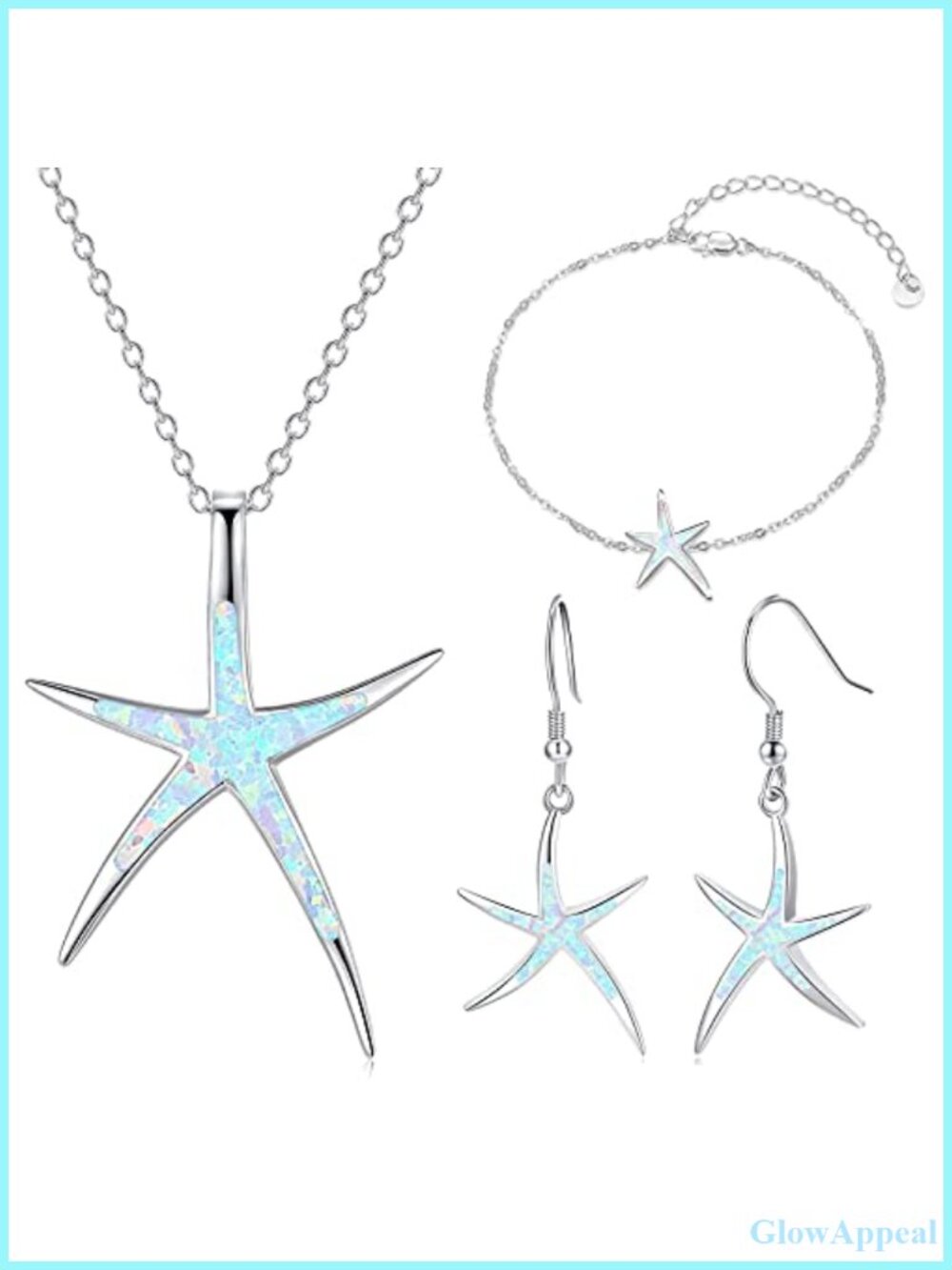 925 Sterling Silver Opal Starfish Jewelry Set Necklace Earrings Bracelet